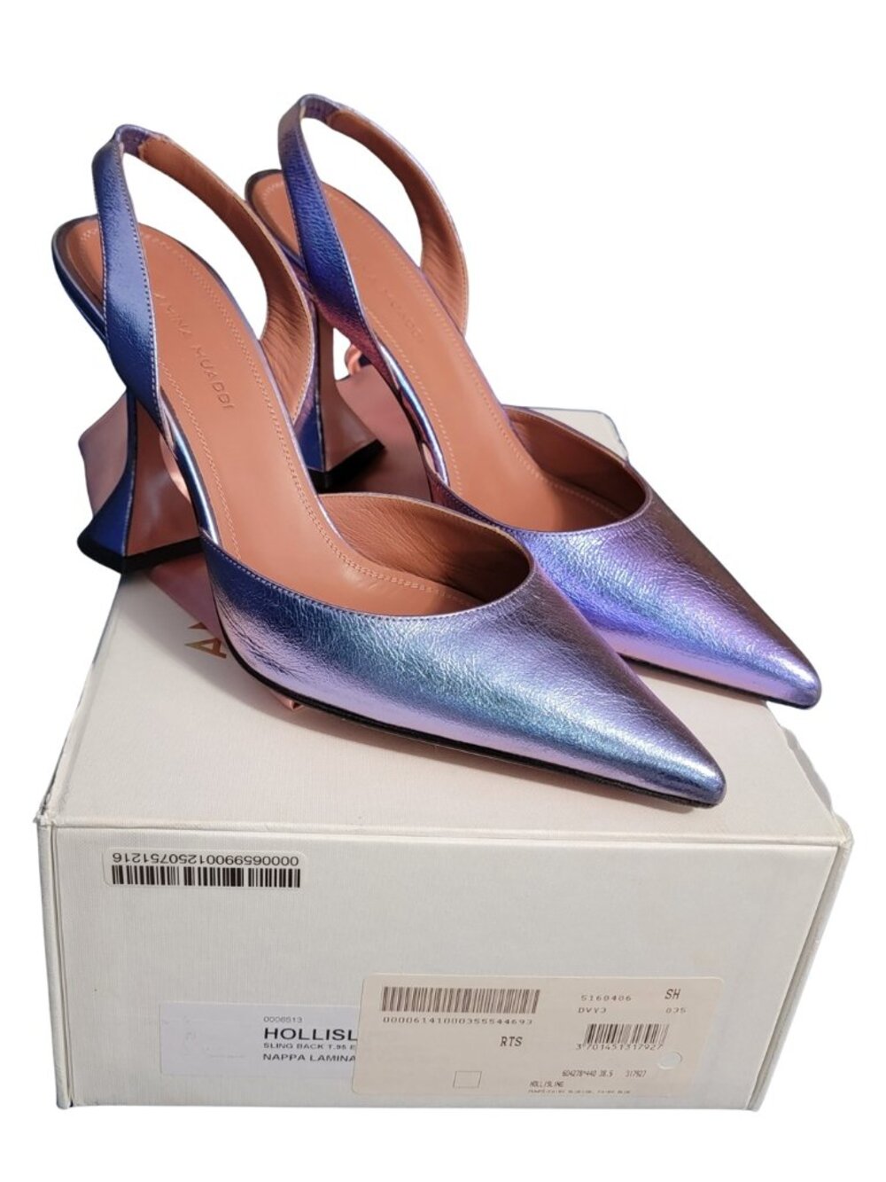 Amina Muaddi Blue Shimmer Gilda Heels Shoes Size 38 1/2